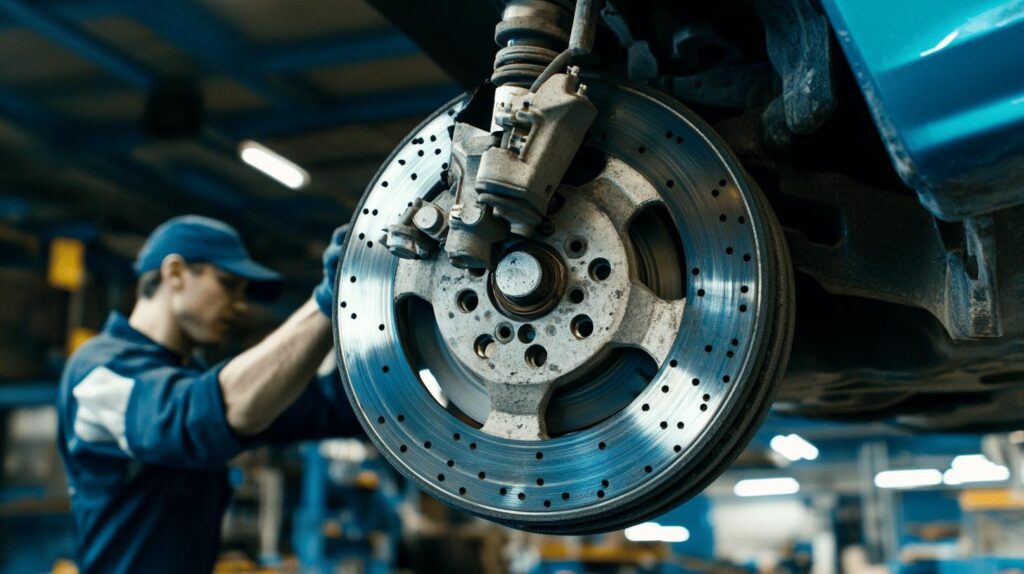 Close-up of a car brake disc and caliper with a mechanic working in the background