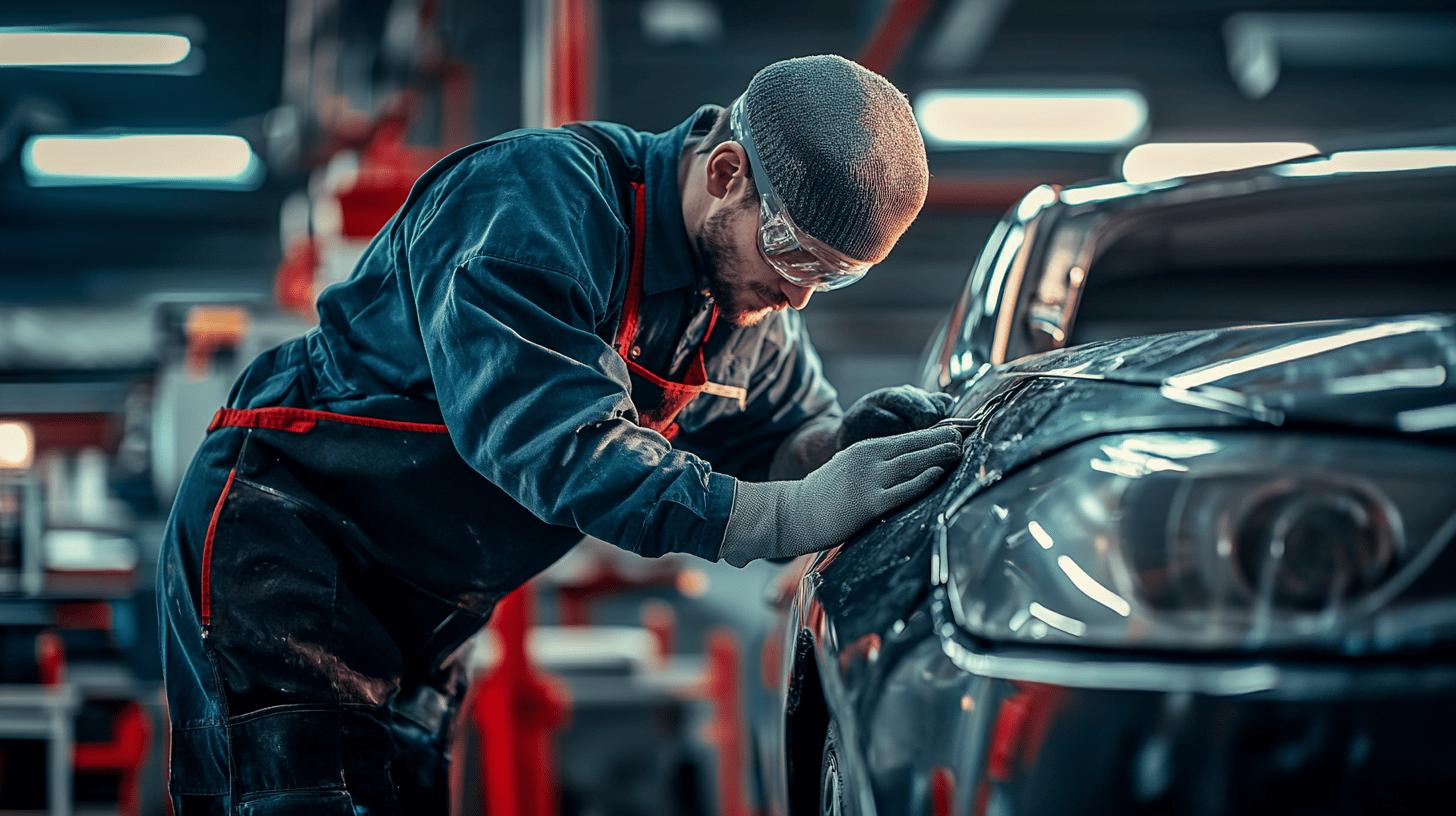 Auto mechanic in protective gear inspecting a car's bodywork in a workshop