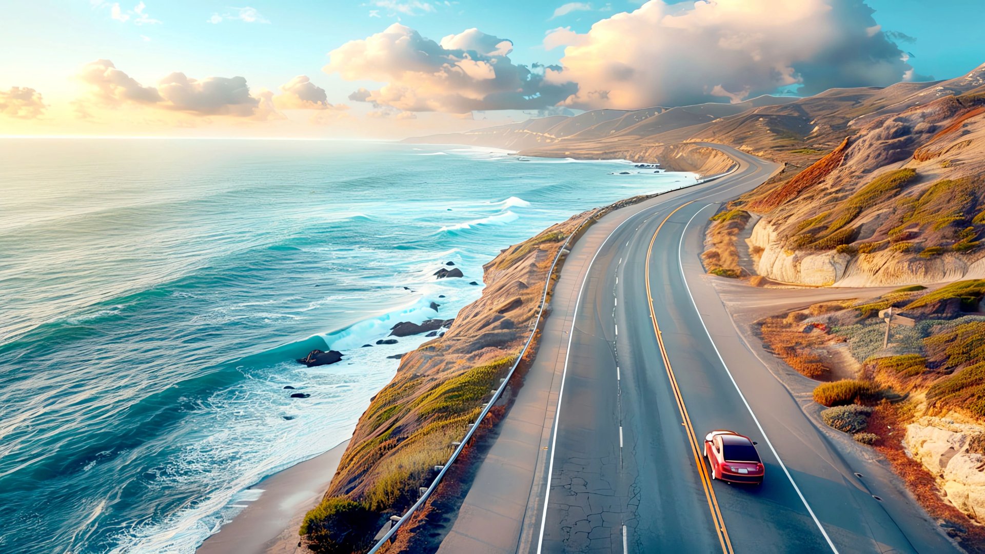 Red car driving along a coastal road with ocean and cliffs in the background.