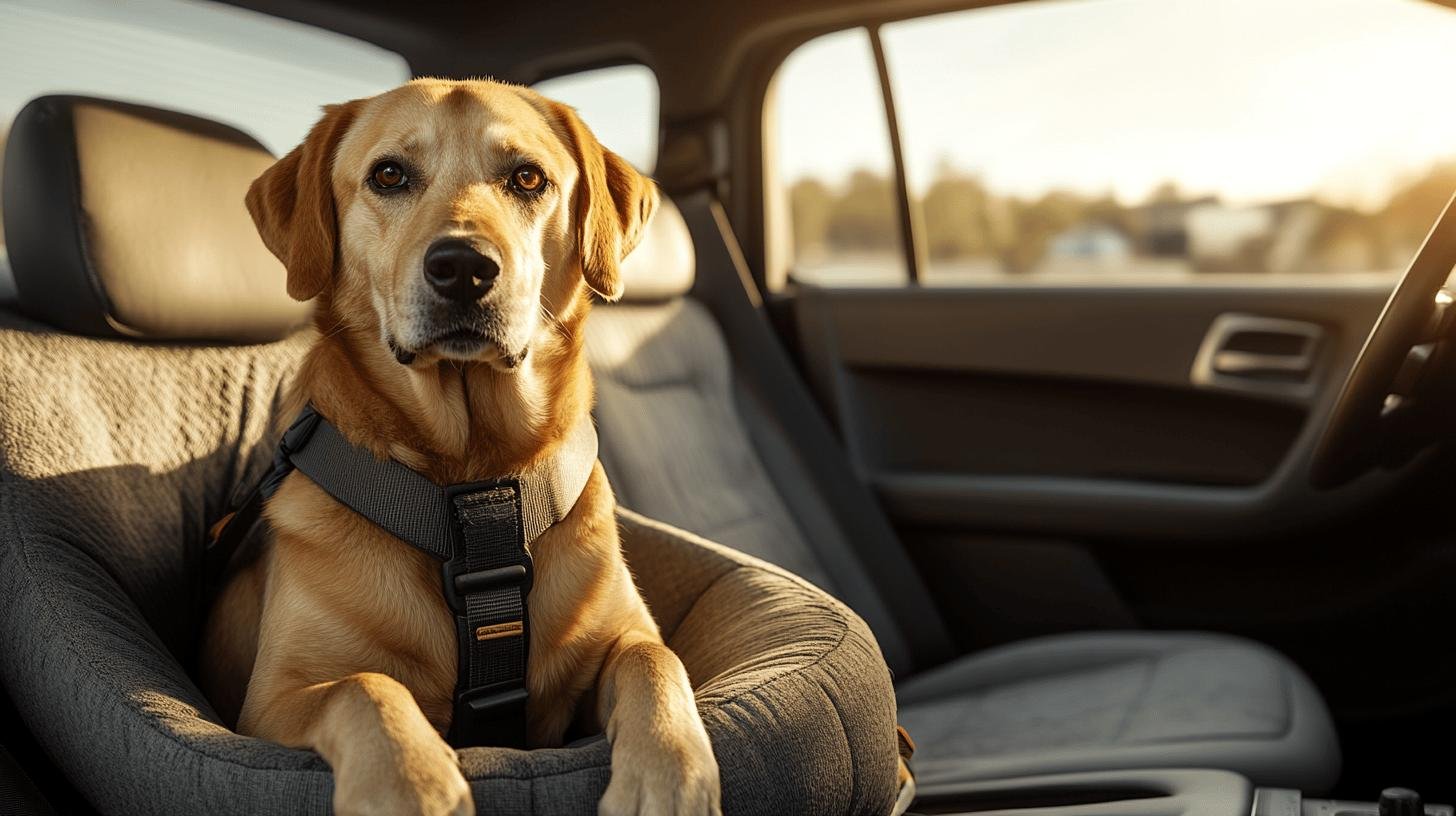 Golden retriever sitting in a car seat with a safety harness.