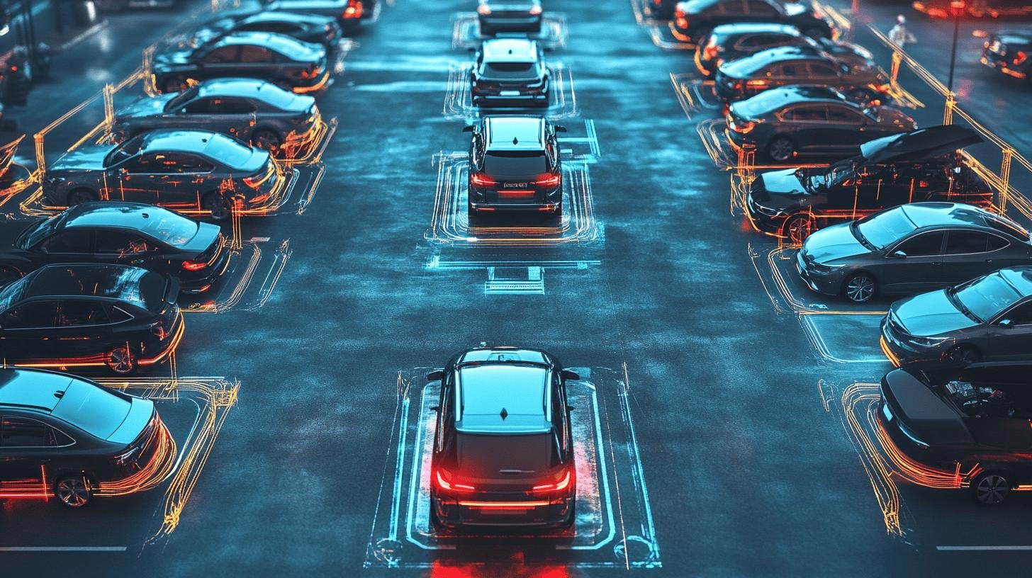 Cars in a parking lot with digital overlays representing smart parking technology.