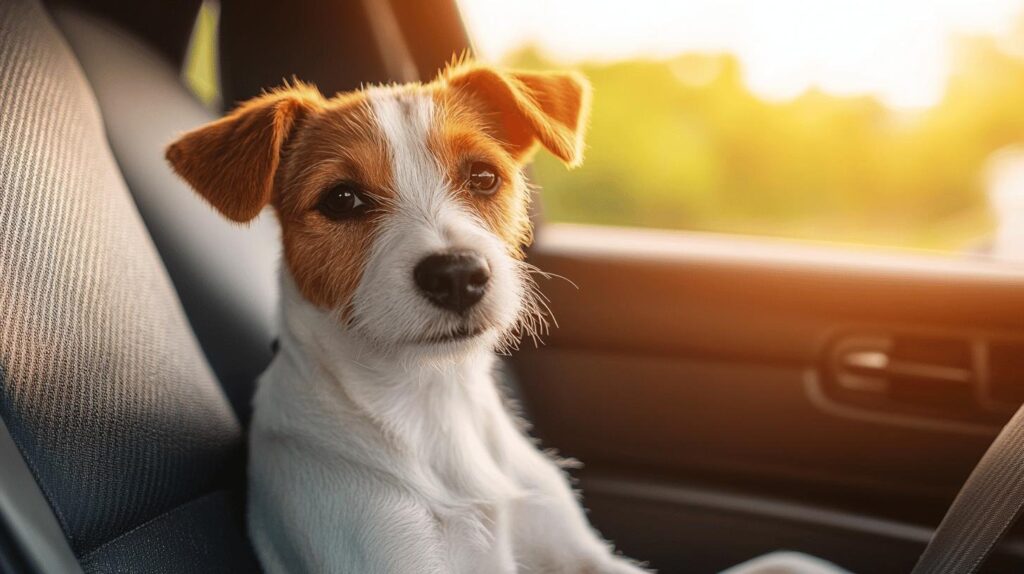 Small dog sitting in the front passenger seat of a car during sunset.