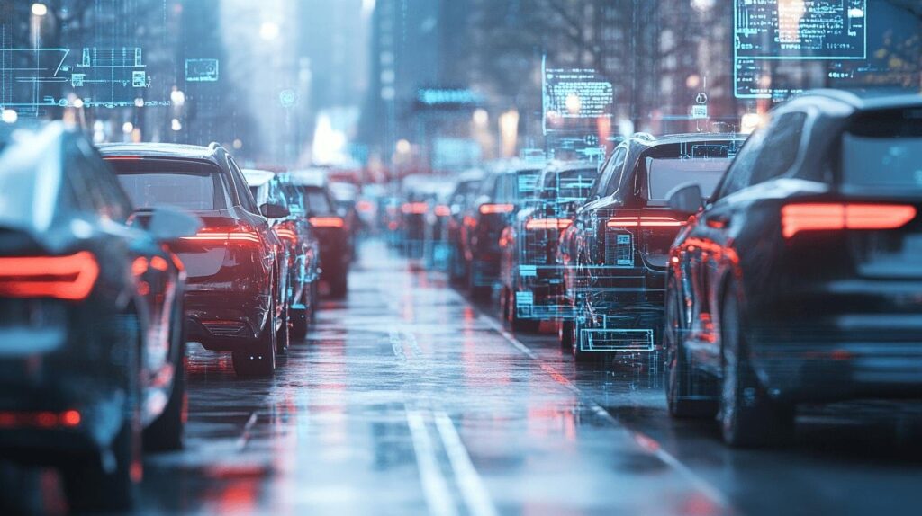 City traffic with digital technology overlays representing advanced vehicle systems.